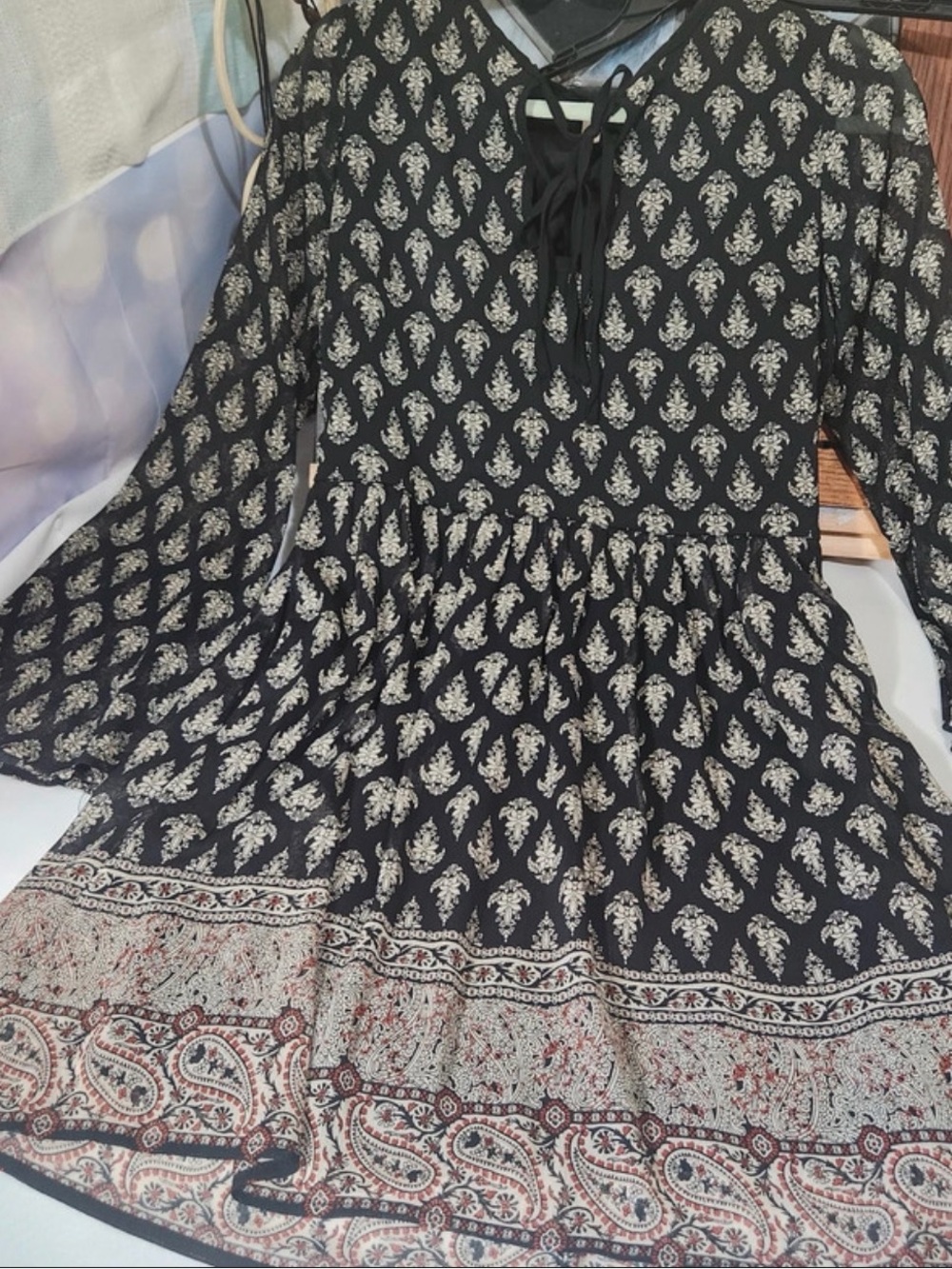 Xhilaration Black and Cream Boho Print Long Sleeve Dress